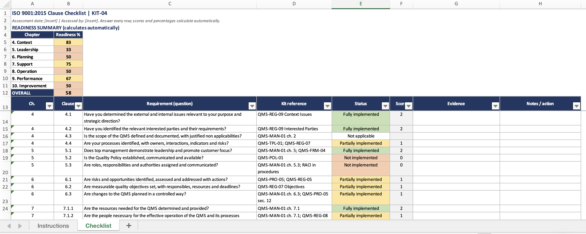 Clause Checklist with automatic readiness percentages