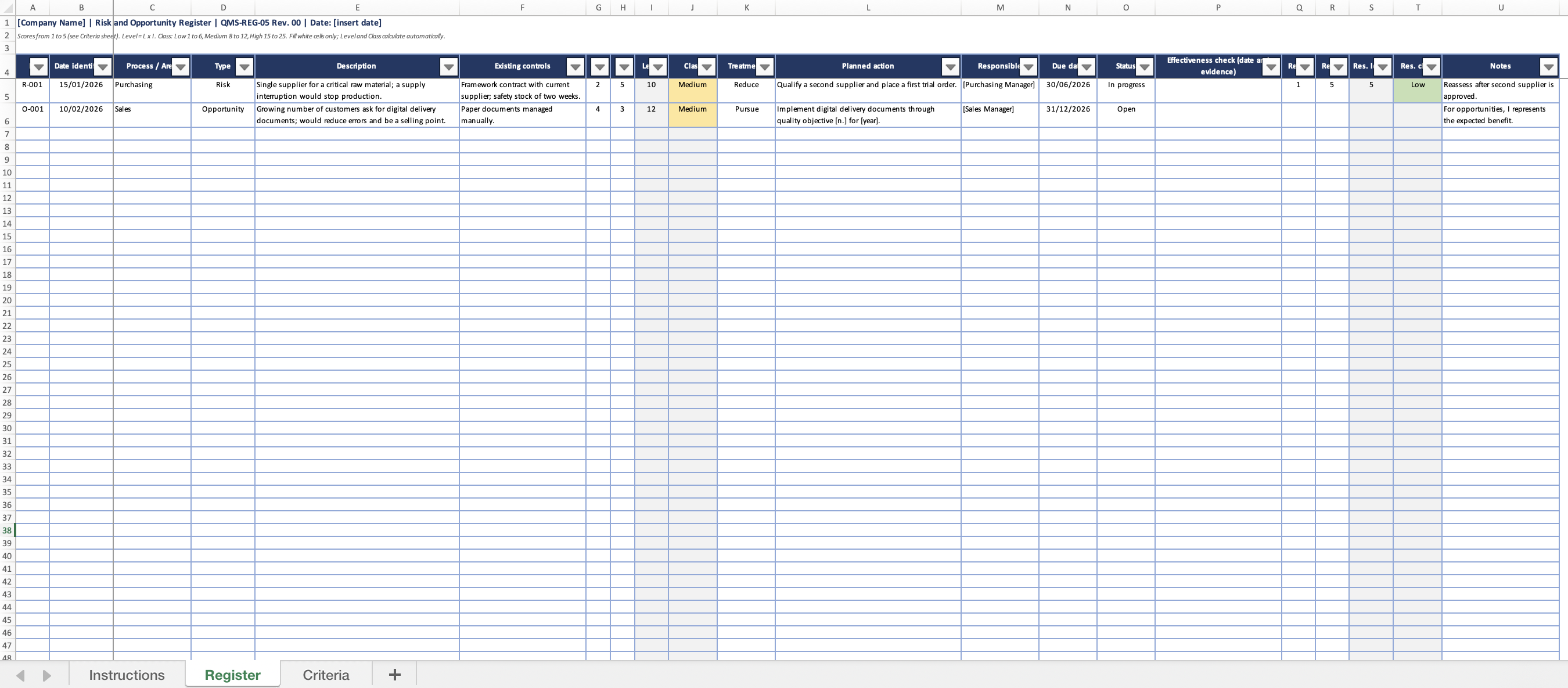 Risk and Opportunity Register with 5 by 5 scoring matrix